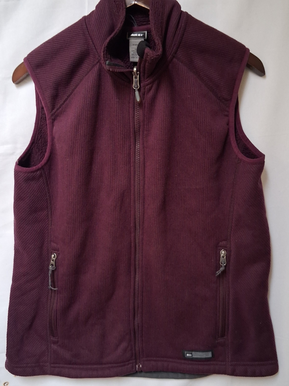REI Womens Full Zip Ribbed Sherpa Lined Fleece Vest Burgundy Maroon Large